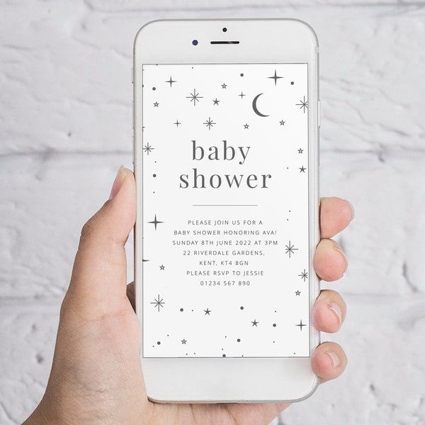 Celestial Baby Shower Evite, Moon Stars Baby Shower Evite, Neutral Baby Shower Evite, Twinkle Twinkle Baby Shower, Text Baby Shower Invite