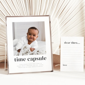 Modelo de cápsula do tempo fotográfico, minimalista do primeiro aniversário, cápsula do tempo, menino do primeiro aniversário, lembrança do primeiro aniversário, cápsula do tempo para impressão