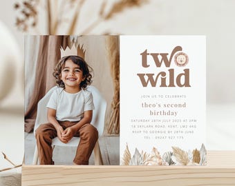 Twee wilde uitnodigingssjabloon, jungle 2e verjaardag, 2e feestvarken, twee wilde verjaardagsfeestje, leeuw 2e verjaardag, afdrukbare verjaardagsuitnodiging