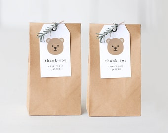 May include: Two brown paper gift bags with white tags. Each tag features a cartoon bear face and the text "thank you love from Jasper".