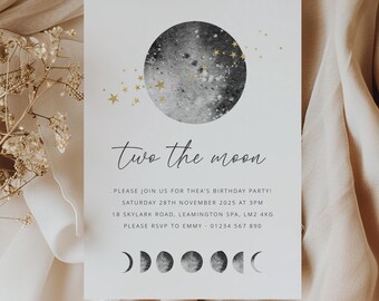 Two The Moon Invite, Second Birthday Invitation Template, 2nd Birthday Girl, Moon Stars Birthday, Celestial Printable Birthday Invitation