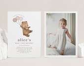 Bear Invitation Template, Bear Pink Balloons, 1st Birthday Girl, Bear Photo Invitation, Beary First Birthday, Printable Birthday invite