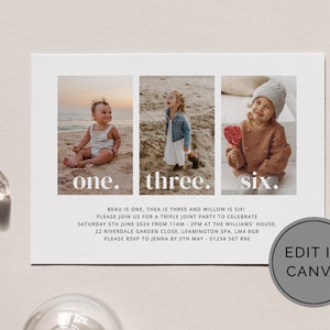 CANVA Template, Triple Birthday Invitation, 3 Siblings Birthday, Boho Joint Birthday Party, Photo Invitation, Printable Birthday Invite
