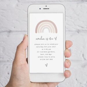 Bearbeitbare Geburtstag Evite, hellrosa Regenbogen, Text-Einladung, Boho Regenbogen, Regenbogen-Geburtstag einladen, Regenbogen-Geburtstagsfeier