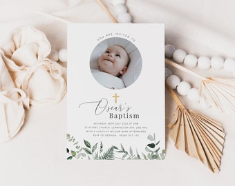 Greenery Baptism Invitation Template, Baptism Photo Invite Boy, Naming Day Invitation, Christening Photo Invite, Printable Baptism invite