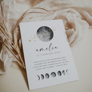 Moon Birthday Invitation Template, Moon Phases, Celestial Invite, Celestial Birthday, Moon Birthday Invitation, Printable Invitation