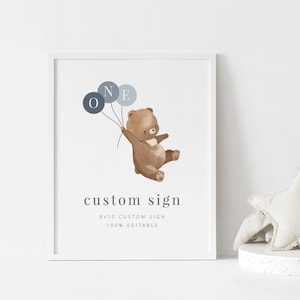 Bear Custom Sign Template, Bear Blue Balloons,  Editable sign, Bear Baby Shower, 1st Birthday Boy, Teddy Bears Picnic, Custom Printable Sign