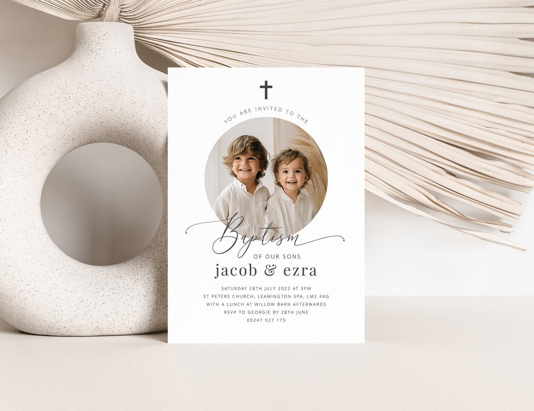 Joint Baptism Invitation Template, Baptism Photo Invite, Naming Day Invitation, Brothers