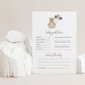 Modèle de carte de prédictions de bébé, douche de bébé ballons ours, douche de bébé neutre, jeux de douche de bébé, carte imprimable de douche de bébé