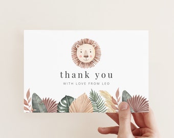 Editable thank you card | Watercolour Lion | Lion Thank You Card | Lion Party | Thank You Note | Lion Leaf Boho | Printable thank you card