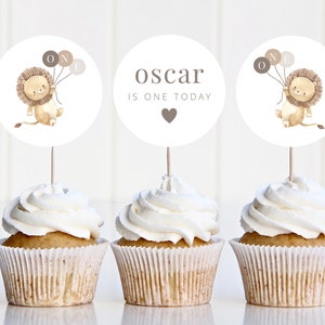 Modelo de topper de cupcake, toppers de cupcake de balões de leão, primeiro aniversário de leão, topper de cupcake de leão, aniversário de safari, topper de cupcake imprimível