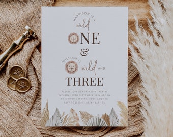 1er et 3e anniversaire commun, invitation, modèle d'invitation d'anniversaire, sauvage un, sauvage et trois, fête des frères et sœurs, faire-part d'anniversaire imprimable
