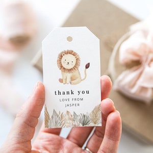 Modello etichetta favore leone, foglia leone neutrale, etichetta di ringraziamento giungla, festa di compleanno Safari, Safari Boho, etichetta di ringraziamento stampabile