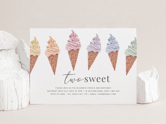 Two Sweet Invitation Template, Icecream Invite, 2nd Birthday Girl, Dessert Invitation, Two Sweet Invite, Printable Birthday Invite