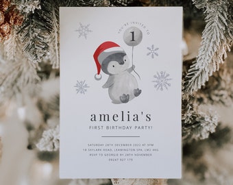 Penguin Invitation Template | Winter Birthday Invitation | 1st Birthday Penguin | Penguin Balloon Birthday | Printable Birthday Invite