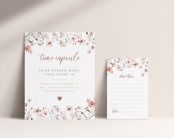 May include: A floral-themed time capsule card with the text "time capsule" and "To be opened when Thea turns 18".  The card also includes the text "Please write a message for her - a wish, prediction or some words of advice!" and a small heart symbol.  A separate card with the text "Dear Thea" and a line for writing a message is also included.