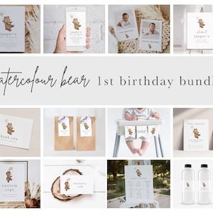 1st Birthday Watercolour Bear Bundle, Printable Birthday Templates, Beary First Birthday, 1st Birthday, Editable Birthday Party Templates