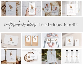 1st Birthday Watercolour Bear Bundle, Printable Birthday Templates, Beary First Birthday, 1st Birthday, Editable Birthday Party Templates