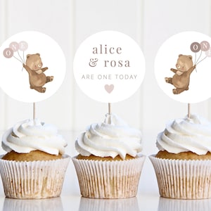Bär Zwillinge Mädchen Cupcake Topper, rosa Luftballons, Kuchen Toppers Vorlage, Teddybären Picknick, Bär 1.Geburtstag, druckbare Cupcake Toppers