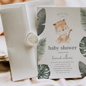 Tiger Baby Shower Invite Template, Jungle Baby Shower Invitation, Tiger Shower Invitation, Neutral Baby Shower, Printable Baby Shower Invite image 1