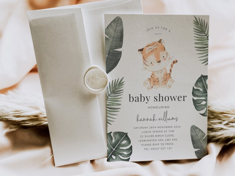 Tiger Baby Shower Invite Template, Jungle Baby Shower Invitation, Tiger Shower Invitation, Neutral Baby Shower, Printable Baby Shower Invite image 1