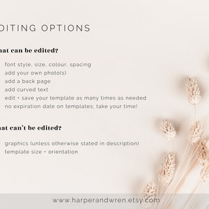 May include: A white background with text that reads "Editing Options" and lists what can and cannot be edited in a digital template. The text is in black and the background is white. The image also includes a bouquet of dried beige flowers in the bottom right corner.