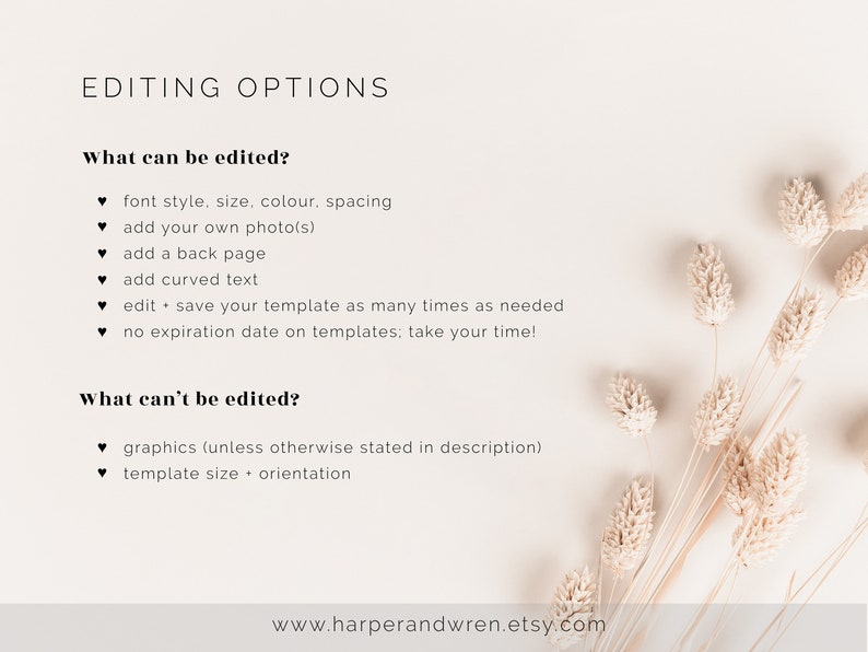 May include: A white background with text that reads "Editing Options" and lists what can and cannot be edited in a digital template. The text is in black and the background is white. The image also includes a bouquet of dried beige flowers in the bottom right corner.