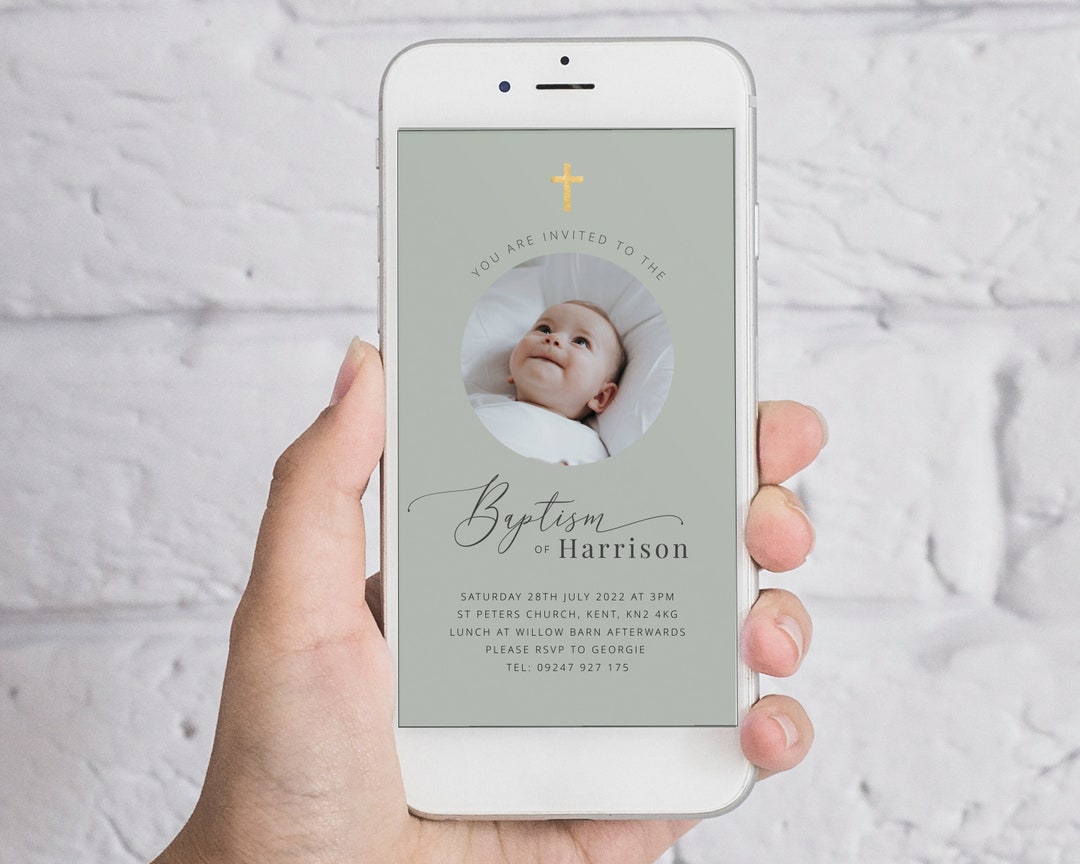 Green Gold Christening Evite, Baptism Evite, Dusty Green Baptism