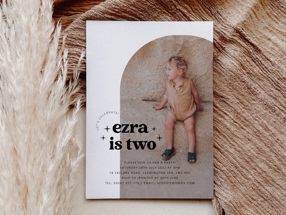 2nd Birthday Invitation Template, Arched Photo Invitation, Retro Birthday Invite, 2nd Birthday Photo Invite, Printable 2nd Birthday Invite