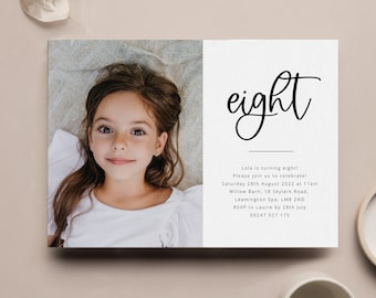 8th Birthday Invite Template, Photo Birthday Invitation, Modern 8th Birthday Invite, Eighth Birthday, Printable Birthday Invitation