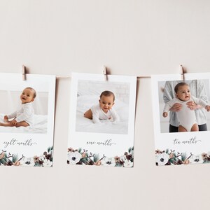 Winter Floral Monthly Photos Template, First Birthday Photo Banner,  12 Month Photo Banner, 1st Birthday Girl, Printable Photo Banner