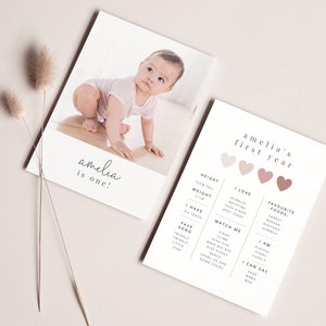 Bewerkbare minimijlpaalkaart, blozende harten, minimijlpaalafdruk, babyfotokaart, fotokaart 1e verjaardag, afdrukbare babyfotokaart