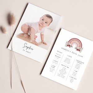 Carte Mini Milestone modifiable, arc-en-ciel floral Boho, carte imprimable du 1er anniversaire