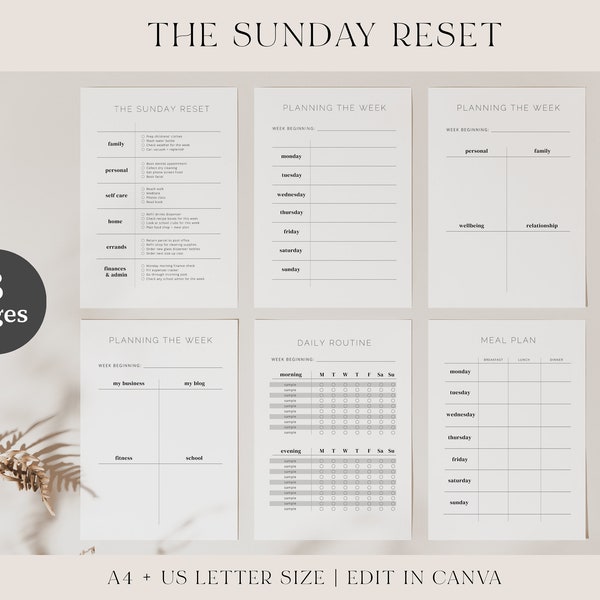 Sunday Reset Template, Canva Template, Minimal Weekly Planner, Busy Mom Planner, Undated Mom Planner, Simple Weekly Planner Printable