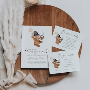 Baby Shower con orsetto da baseball, modello di invito per doccia per ragazzi, possiamo aspettare con pazienza, baby shower con orsacchiotto, set di inviti per baby shower stampabile