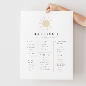 Peut inclure: Un tableau imprimable pour le premier anniversaire d'un enfant, avec un graphique de soleil et le nom "harrison". Le tableau liste la taille, le poids, les aliments pr&eacute;f&eacute;r&eacute;s de l'enfant, les choses qu'il aime, les choses qu'il peut faire et les choses qu'il peut dire.