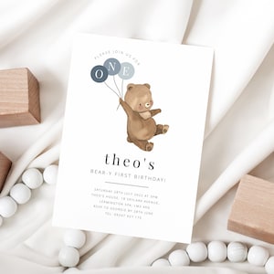 Bear Invitation Template, 1st Birthday Boy, Beary First Birthday, Teddy Bears Picnic, Bear Balloons Invite, Printable Birthday invite