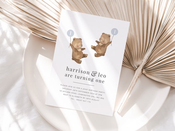 Boy Twins Bear Invitation Template, Teddy Bear Invite, Beary First Birthday Twins, Teddy Bears Picnic, Boy Twin Invite, Printable Invite