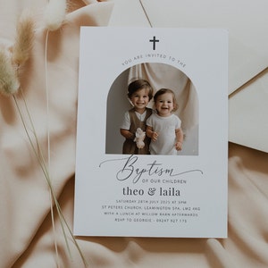 Modelo de convite para batismo de irmãos, batizado de irmãos e irmãs, convite para batizado com foto, batismo conjunto, convite para batizado para impressão