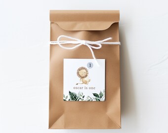 Könnte beinhalten: Eine braune Papiertüte mit einem weißen Band, das um sie herum gebunden ist. Ein weißes Etikett mit einer Löwenillustration und dem Text "oscar is one" ist an der Tüte befestigt.
