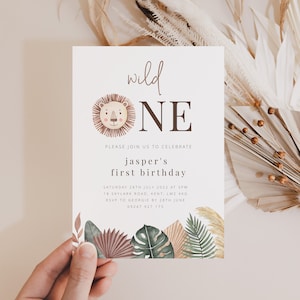 Modello di compleanno Wild One, Invito di compleanno del leone, Invito modificabile, Safari del 1° compleanno, Invito di compleanno stampabile