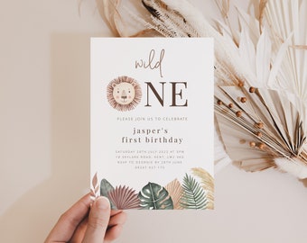 Modèle d'anniversaire sauvage, Faire-part d'anniversaire Lion, Faire-part modifiable, Safari 1er anniversaire, Faire-part d'anniversaire imprimable