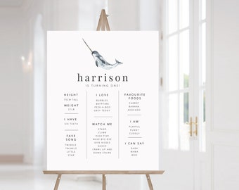 Narwhal Milestone Poster Template, Ocean Birthday, First Birthday Boy, Under The Sea Party, Nautical Birthday, Printable Milestone Poster