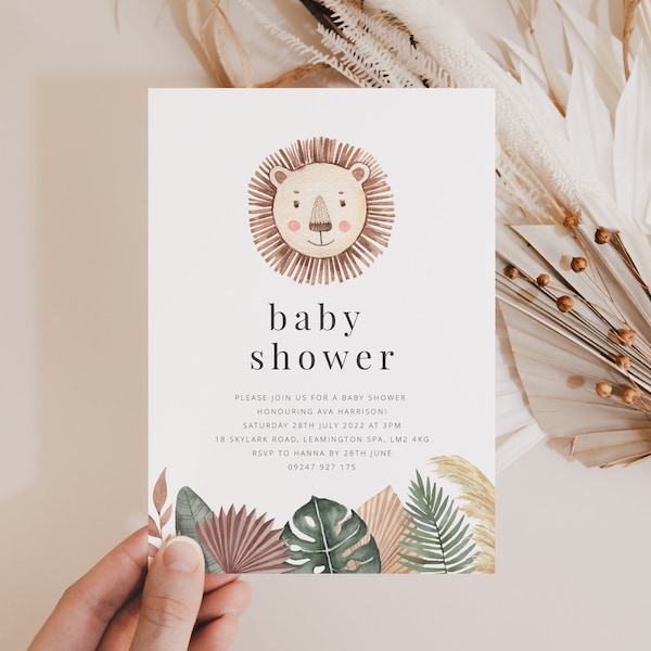 Lion Baby Shower Invite Template | Safari Baby Shower | Jungle Baby Shower Invitation | Boho Leaf Lion | Printable Baby Shower Invitation