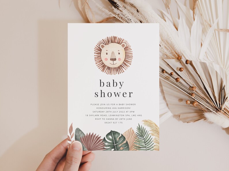 Lion Baby Shower Invite Template Safari Baby Shower Jungle Baby Shower Invitation Boho Leaf Lion Printable Baby Shower