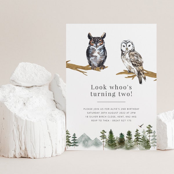 Owl Birthday Invitation Template, Owl Invite, Look Whoo's Turning Two Invitation, 2nd Birthday Owl Invitation, Printable Birthday Invite