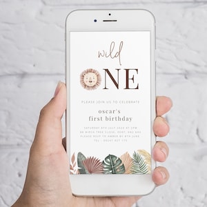 Wild One Birthday Evite, Wild One Einladung, Lion Invite, Safari Geburtstagseinladung, 1. Geburtstag Junge, Jungle Evite, Text Einladung