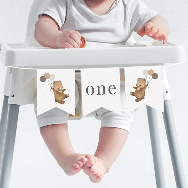 Bear Highchair Banner Template, Editable Bear Banner, Beary First Birthday, Bear Brown Balloons, One Banner, Printable Highchair Banner