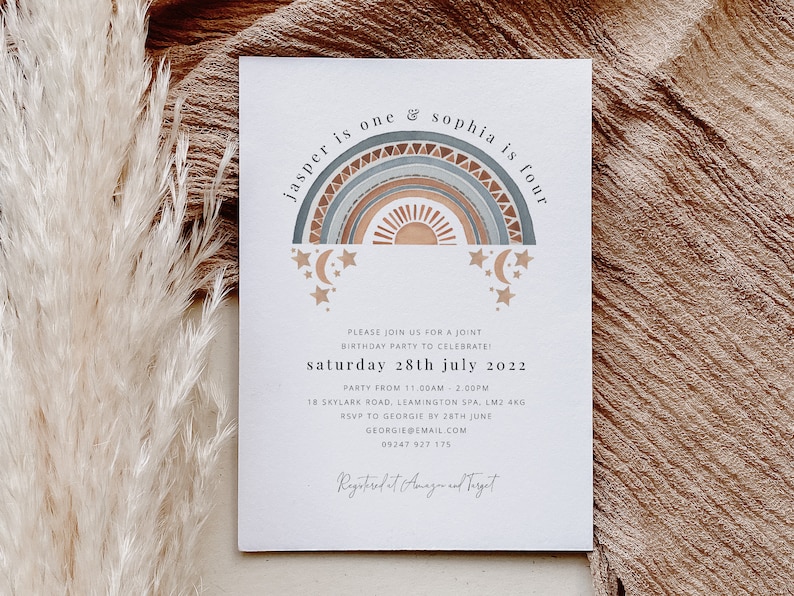 Joint Birthday Invitation Template Boho Rainbow Sun Invite Joint Party Invite Sibling Birthday Printable Birthday Invitation