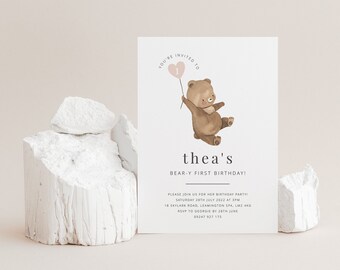 Bear Heart Balloon Invitation Template, Beary First Birthday, Teddy bears picnic, 1st Birthday Girl, Printable Birthday Invite